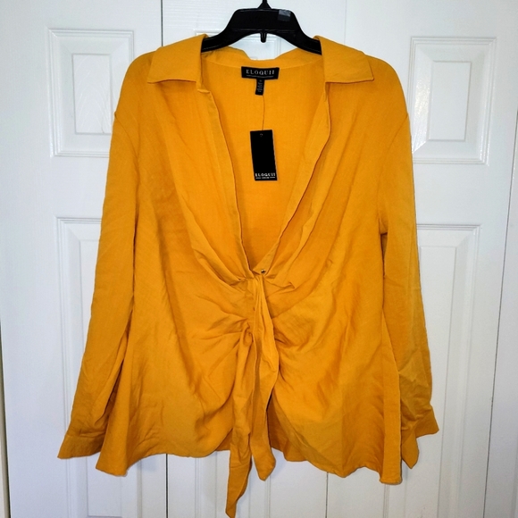 Yellow Tie Front Button Up Collared Deep V-Neck Long Sleeve sgirt by Eloquii - Picture 4 of 5